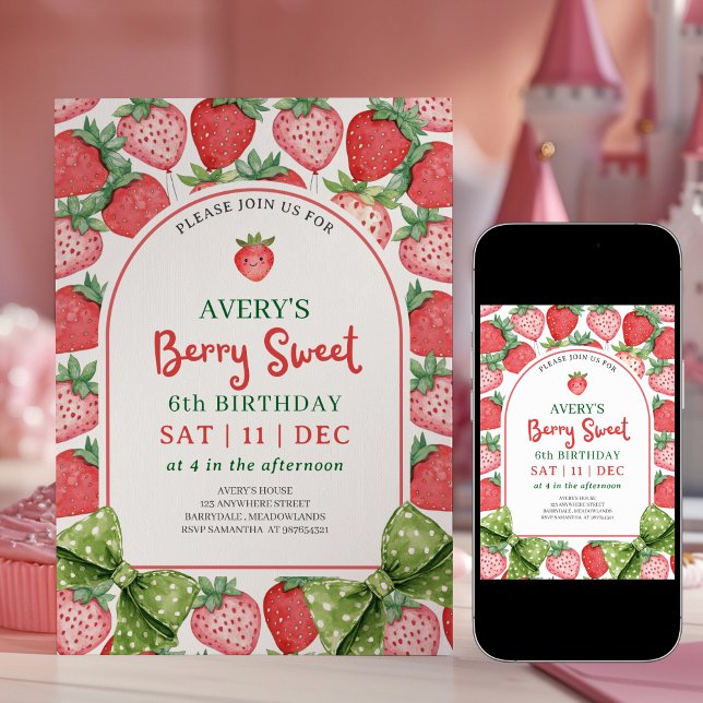Berry Sweet 6th Birthday Strawberry Invitation (Creator Uploaded)