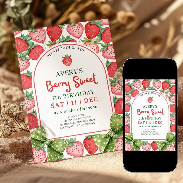 Berry Sweet 7th Birthday Strawberry Invitation (Creator Uploaded)
