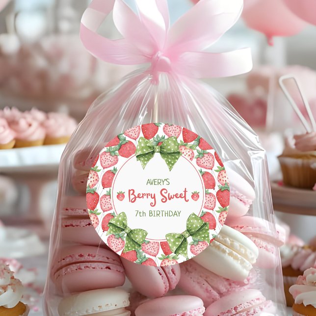 Berry Sweet 7th Birthday Strawberry Party  Classic Round Sticker (Creator Uploaded)