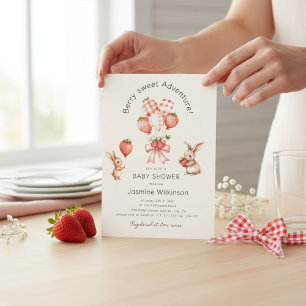 Berry Sweet Adventure Watercolor Strawberry Bunny  Invitation