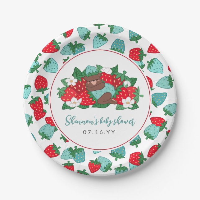 Berry Sweet Baby Blue Strawberry Boy Baby Shower Paper Plate (Front)