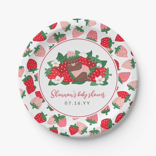 Berry Sweet Baby Pink Strawberry Girl Baby Shower Paper Plate (Front)