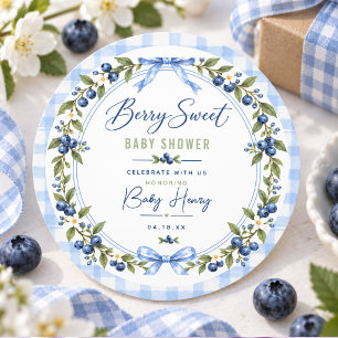 Berry Sweet baby shower Blue Gingham Blueberry Classic Round Sticker