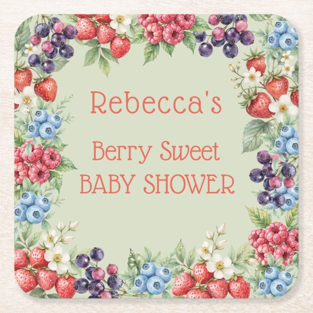 Berry Sweet Baby Shower frame of berries Square Paper Coaster (Front)