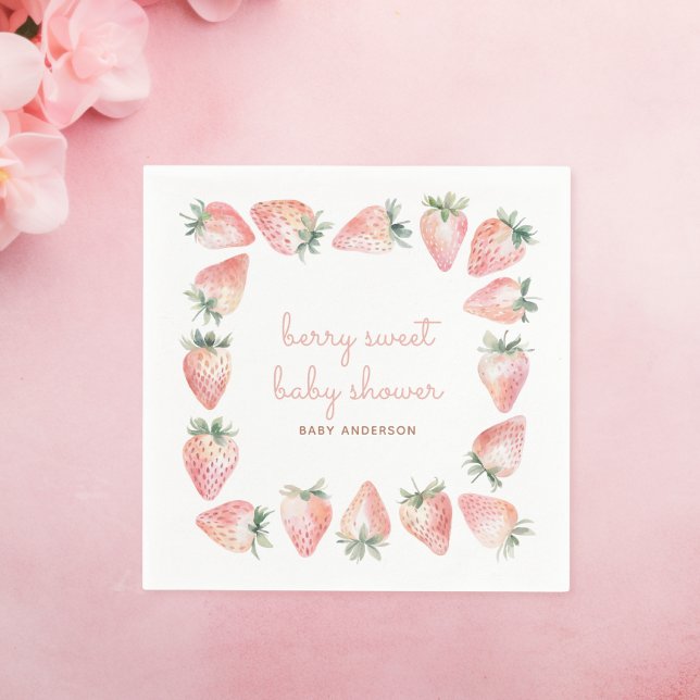 Berry Sweet Baby Shower Pink Coquette Strawberry Napkin (watercolor strawberry pink coquette berry sweet baby shower napkin design)
