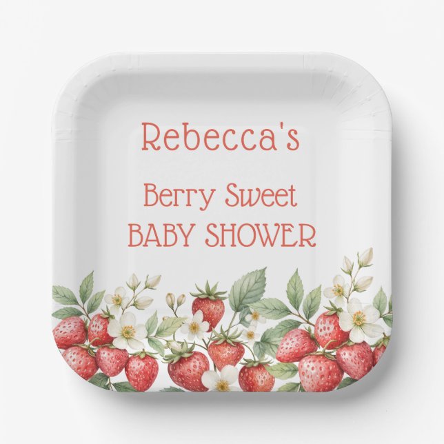 Berry Sweet Baby Shower Strawberries Blossom Paper Plate (Front)