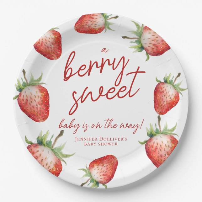 Berry Sweet Baby Shower Strawberry Paper Plate (Front)