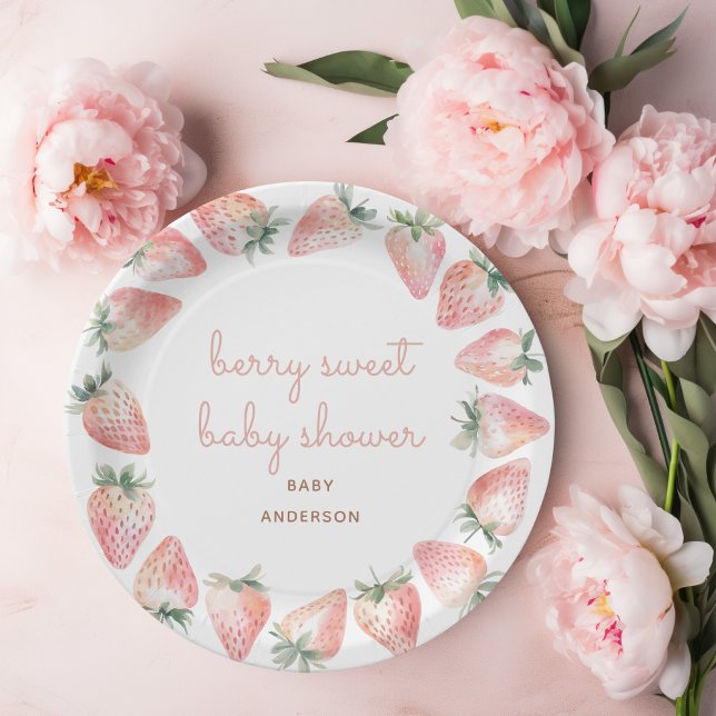 Berry Sweet Baby Shower Strawberry Party Paper Plate (Berry sweet baby shower paper plate with cute watercolor strawberry illustrations)