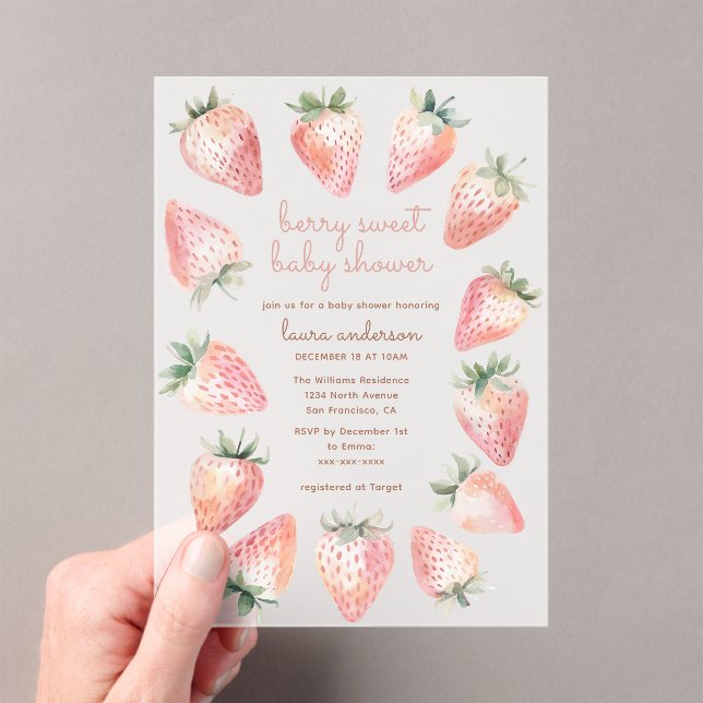Berry Sweet Baby Shower Watercolor Strawberries Acrylic Invitations (Insitu (Handheld))