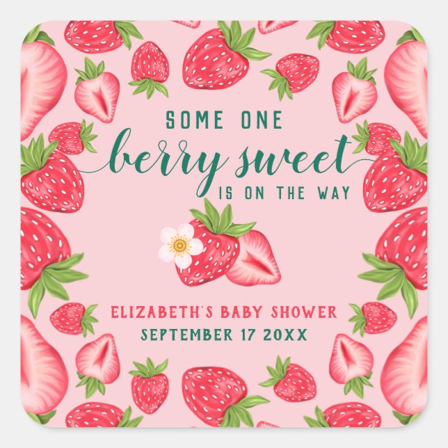 Berry Sweet Baby Strawberry Baby Shower Custom Square Sticker (Front)