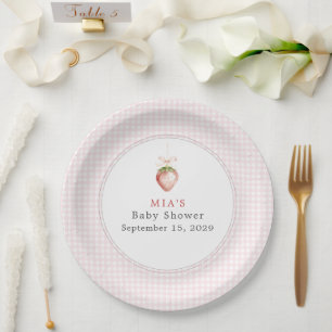 Berry Sweet Baby Strawberry Coquette Gingham  Paper Plate