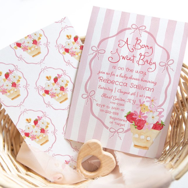 Berry Sweet Baby Whimsical Strawberry Baby shower Invitation (Creator Uploaded)