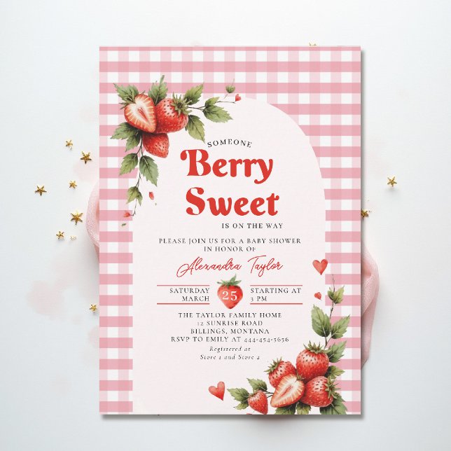 Berry Sweet Berries Garden Gingham Baby Shower Invitation (berry sweet baby shower invitation fruit theme strawberry watercolor summer garden cottagecore pink)