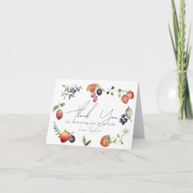 Berry Sweet Berries Watercolor Girl Baby Shower Thank You Card (Front)