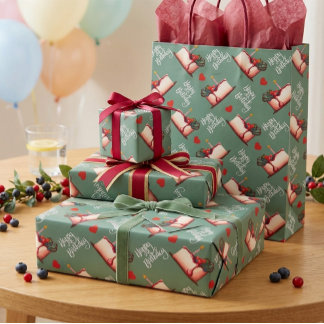 Berry Sweet Birthday Cake Pattern Wrapping Paper