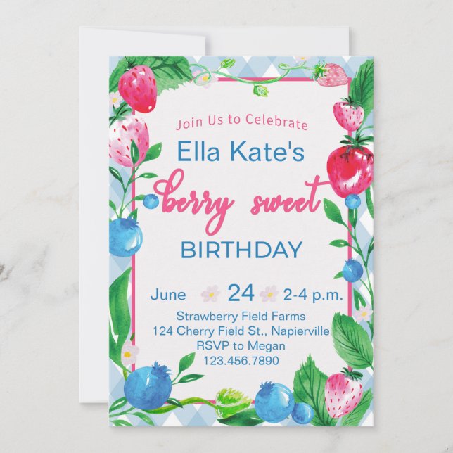 Berry Sweet Birthday Invitation Strawberry Gingham (Front)