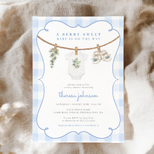 Berry sweet Blue Gingham Clothesline Baby Shower Invitation