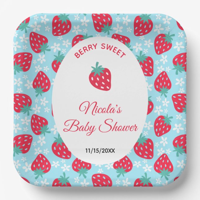 Berry Sweet Blue Strawberry Baby Shower Paper Plate (Front)