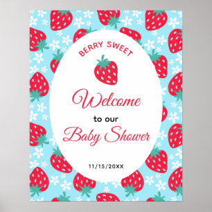 Berry Sweet Blue Strawberry Baby Shower Welcome Poster