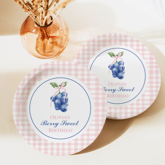 Berry Sweet blueberry birthday Pink Bow Gingham Paper Plate (Creator Uploaded)