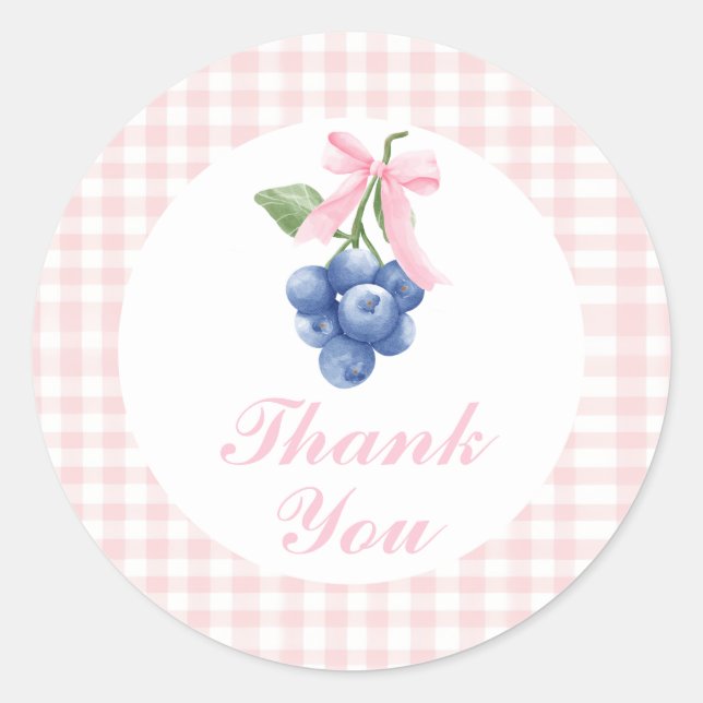 Berry Sweet blueberry birthday Pink Bow Thank You Classic Round Sticker (Front)
