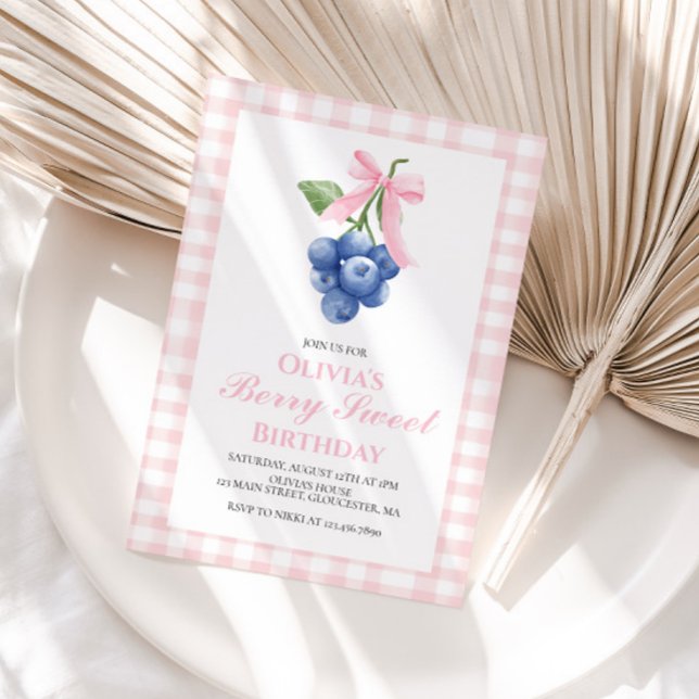 Berry Sweet Blueberry Pink Bow Coquette birthday Invitation (Creator Uploaded)