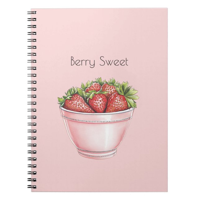 Berry Sweet Blush Pink Bowl of Strawberries Notebook (Front)