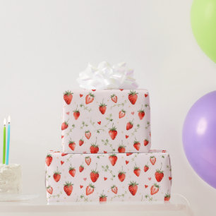 Berry Sweet Botanical Art Pink Hearts Whimsical Wrapping Paper