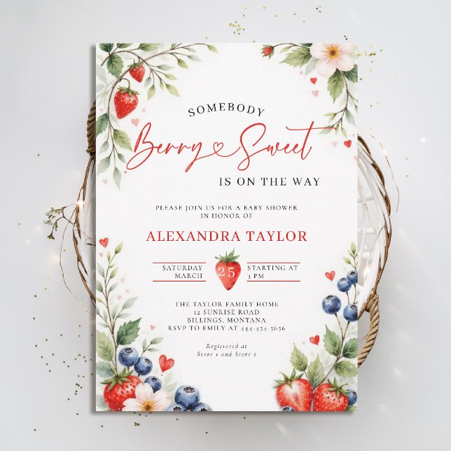 Berry Sweet Botanical Berries Script Baby Shower Invitation (berry sweet baby shower invitation fruit theme strawberry berries botanical watercolor spring summer)