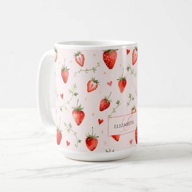 Berry Sweet Botanical Pink Hearts Monogram Coffee Mug (Front Left)
