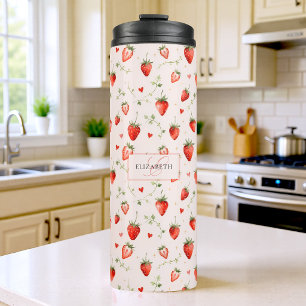 Berry Sweet Botanical Pink Hearts Monogram Thermal Tumbler