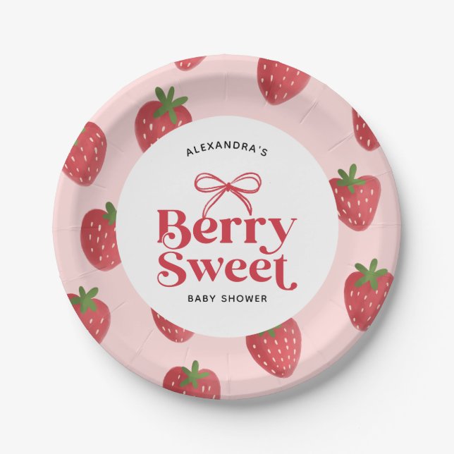 Berry Sweet Bow Baby Shower Paper Plate (Front)