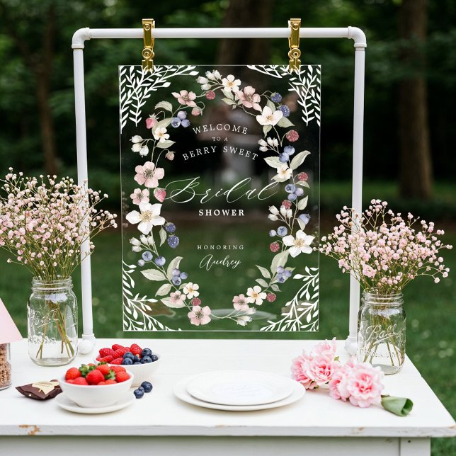 Berry Sweet Bridal Shower Berries Flowers Welcome Acrylic Sign (Berry Sweet Bridal Shower Berries Flowers Welcome Acrylic Sign)