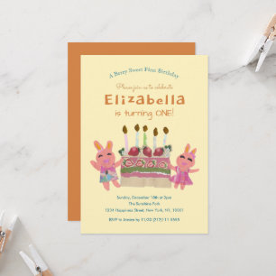 Berry Sweet Bunnies Yellow First Birthday Invitation