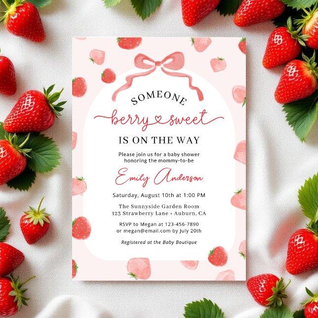 Berry Sweet Croquette Bow Strawberry Baby Shower Invitation (Creator Uploaded)
