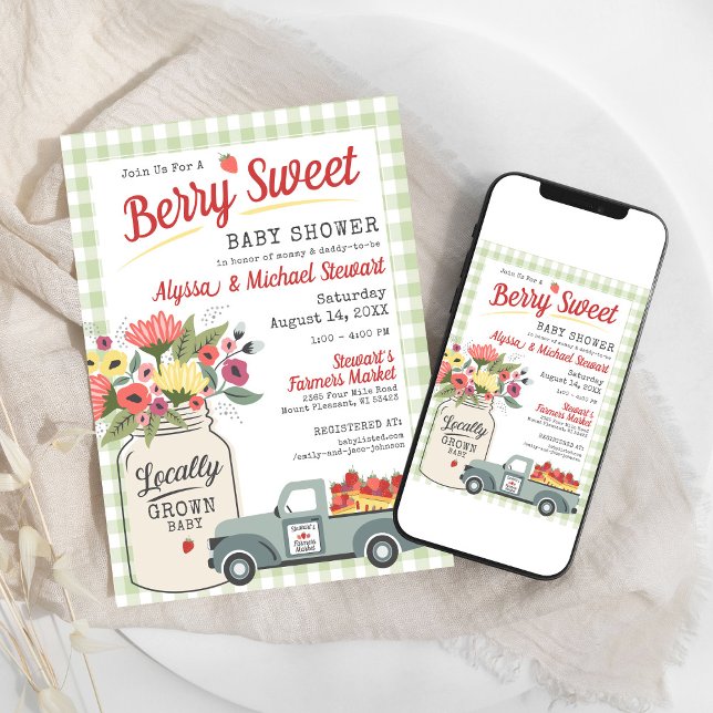 Berry Sweet Digital Farmers Market Baby Boy Shower Invitation (Sage green gingham farmers market rustic mason jar floral strawberry Berry Sweet Baby Shower digital)