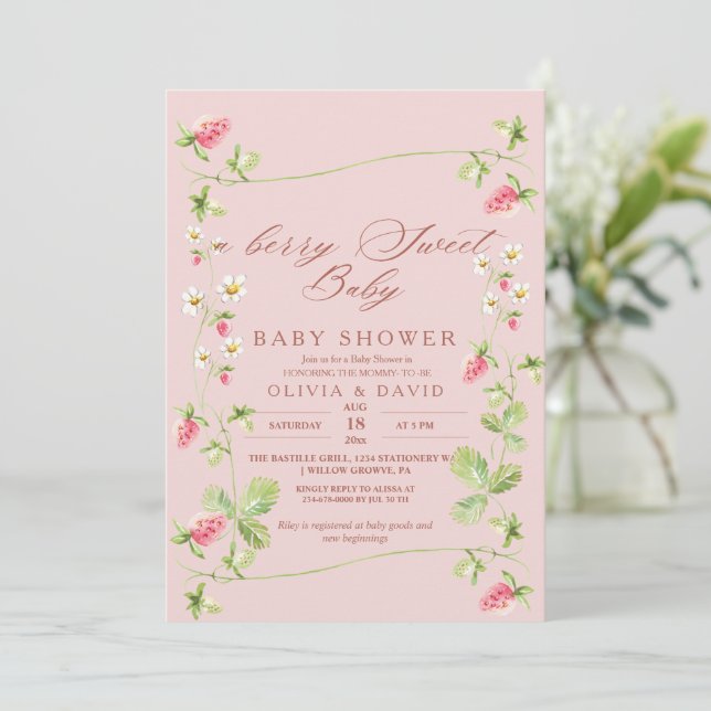 Berry Sweet  Elegant Baby Shower Strawberry Invitation (Standing Front)