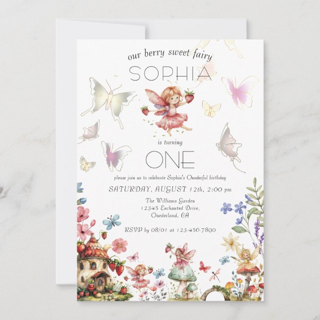 Berry Sweet Fairy Magic Strawberry Garden Birthday Invitation (Front)