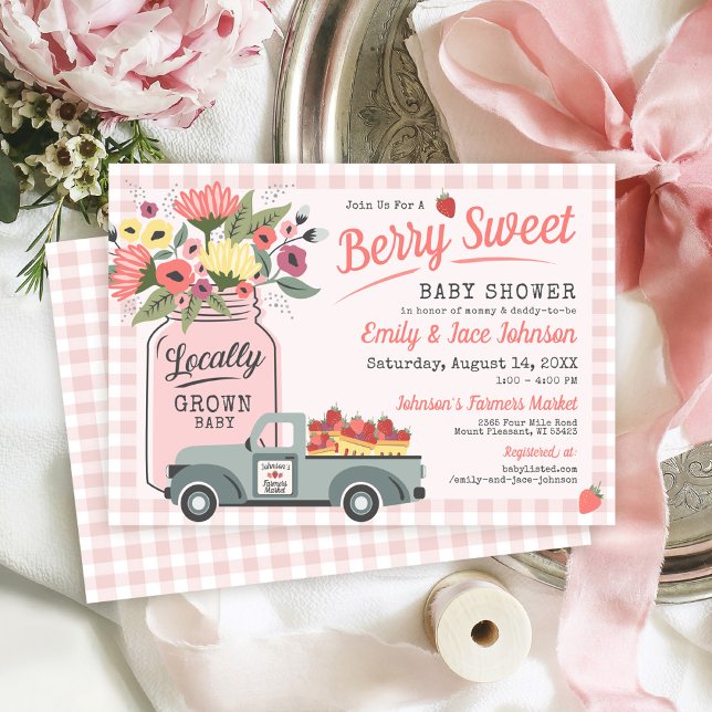 Berry Sweet Farmers Market Baby Girl Shower Invitation (Berry Sweet Farmers Market strawberries pink gingham mason jar flowers baby girl shower invitation)