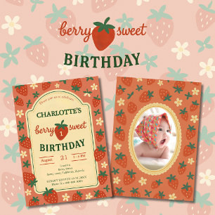 berry sweet first birthday photo invitation