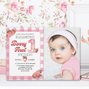 Berry Sweet First Birthday Photo – Straberry party Invitation