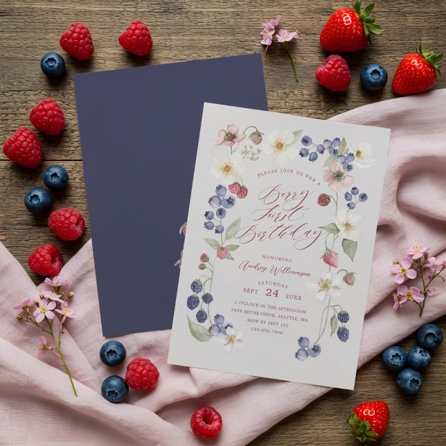 Berry Sweet First Birthday Wild Berries & Flowers Invitation (Berry Sweet Fist Birthday Wild Berries & Flowers Invitation)