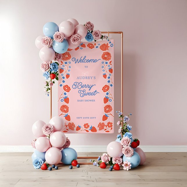Berry Sweet Floral Strawberry Welcome Baby Shower Banner (Berry Sweet Floral Strawberry Welcome Baby Shower Banner)