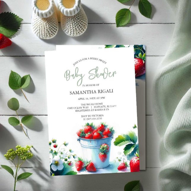 Berry Sweet Gender Neutral Baby Shower Invitation (Summer baby shower invitations front gender neutral watercolor strawberries Do Tell A Belle)