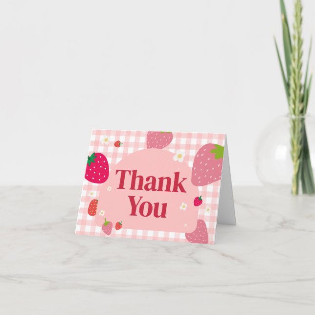 Berry Sweet Gingham Strawberry Baby Shower Thank You Card (Front)