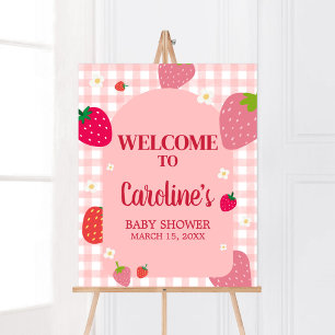 Berry Sweet Gingham Strawberry Baby Shower Welcome Poster