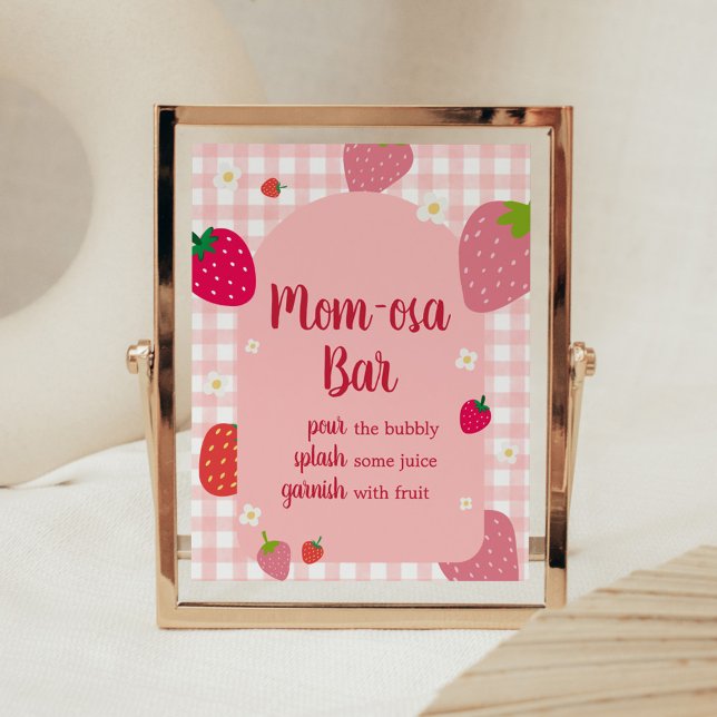 Berry Sweet Gingham Strawberry Mum Osa Bar Poster (Gingham Strawberry Berry Sweet Baby Shower Mom Osa Bar Sign)