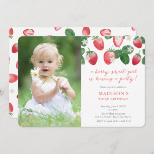 Berry Sweet Girl Strawberries Birthday Party Photo Invitation