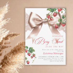 Berry Sweet Golden Bow Strawberry Baby Shower Invitation