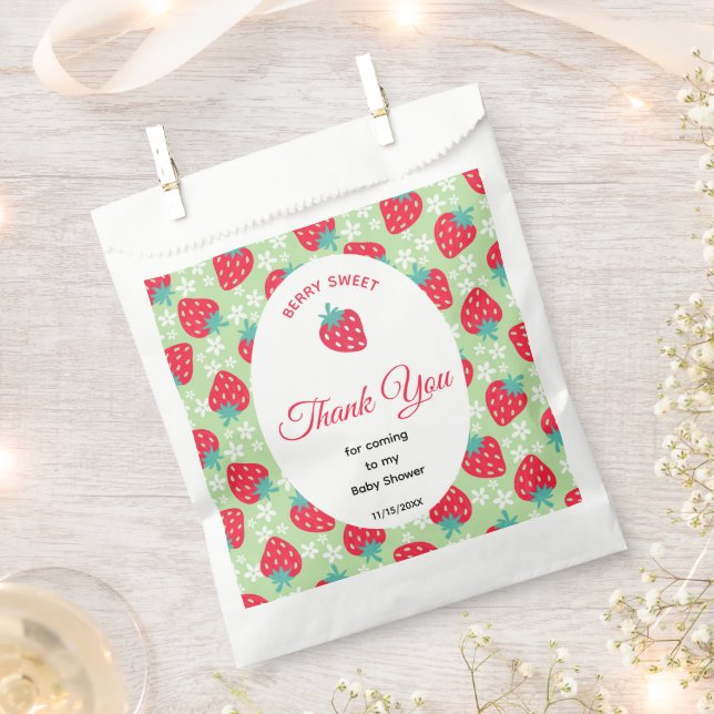 Berry Sweet Green Strawberry Baby Shower Favour Bags (Clipped)